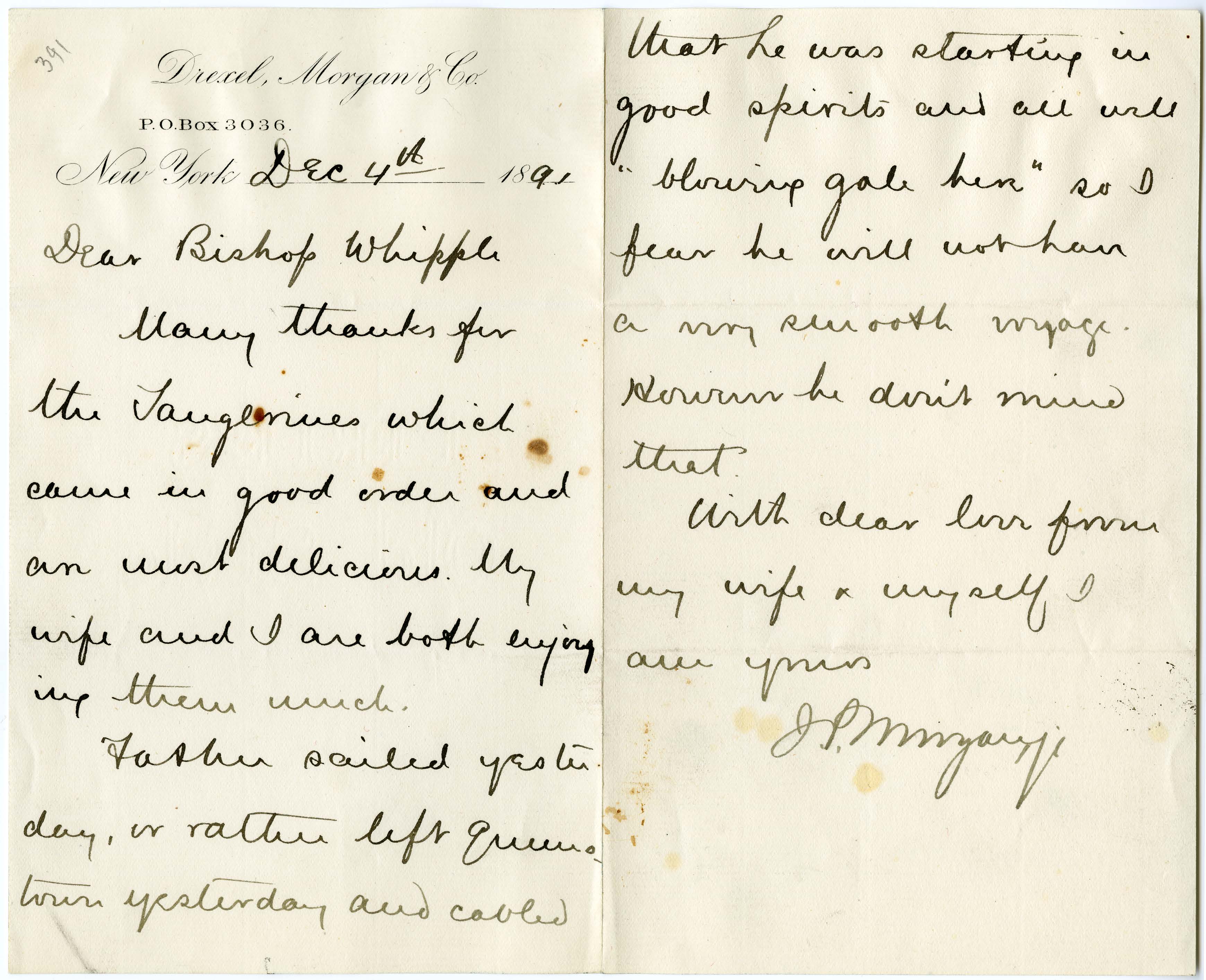 Morgan, John Pierpont Jr., New York City to Henry Benjamin Whipple, [Maitland, Florida], December 4, 1891. ALS.