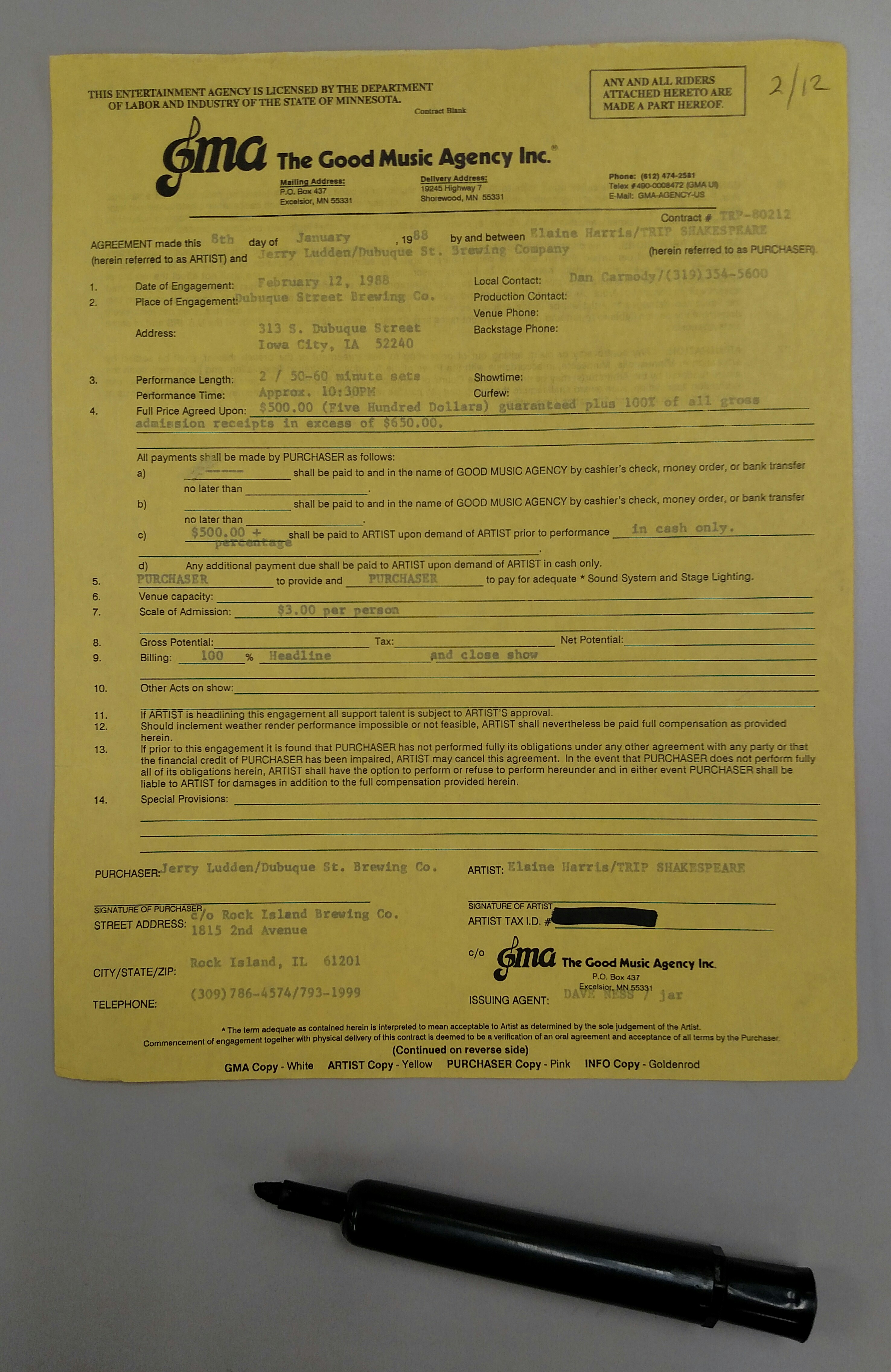 01349 Performance Contract with Social Security Number Redacted