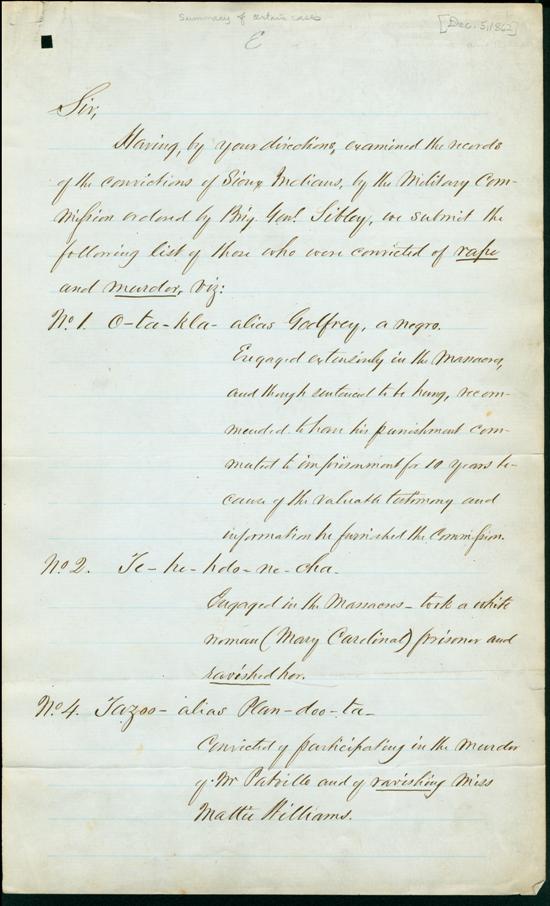 Letter Lincoln Dec 5, 1862
		(E) List of condemed men, page 1