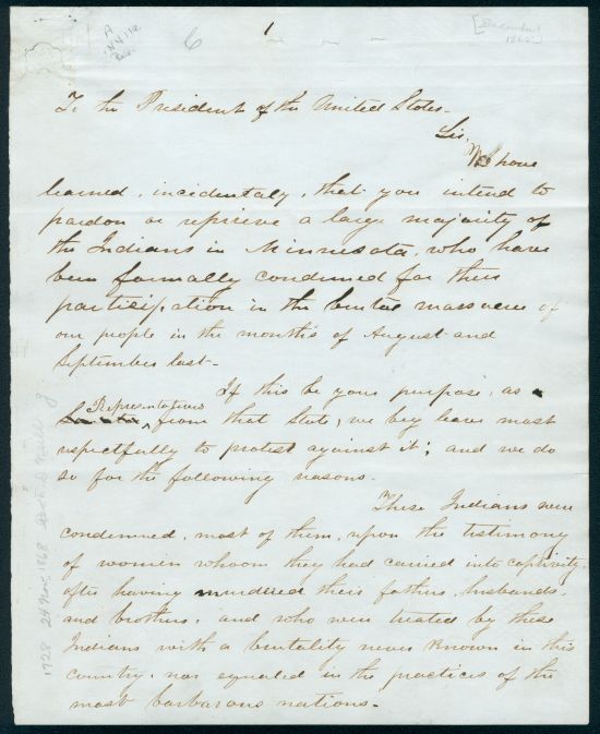 Letter Lincoln Dec 1862 protesting Pardon, page 1